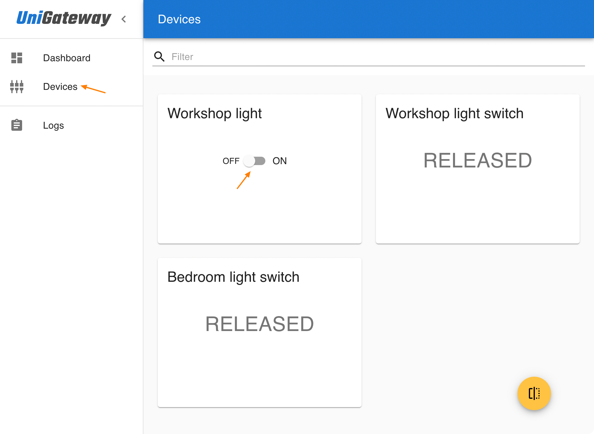 UniGateway devices UI
